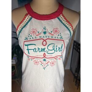 Farmcore Coquette Crochet Lace Trim Halter Top Tee Farm Girl M white boho